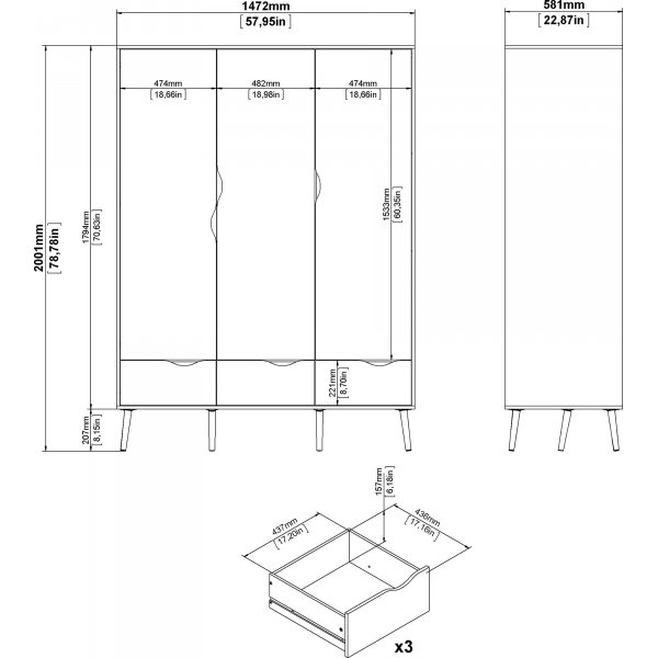 Oslo garderobeskap med 3 d�rer - Hvit/eik