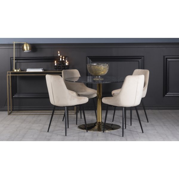 Plaza spisegruppe, marmorbord med 4 st Theo flyelstoler - Beige/Gr/Messing
