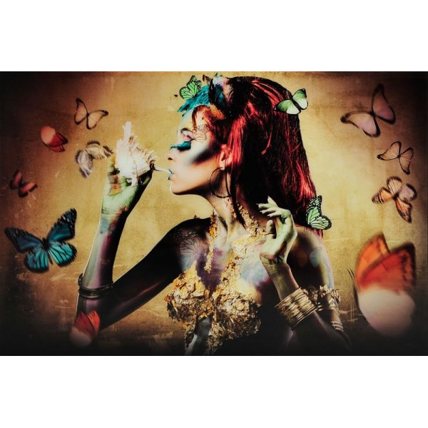 Glassbilde Woman with butterflies - Gul