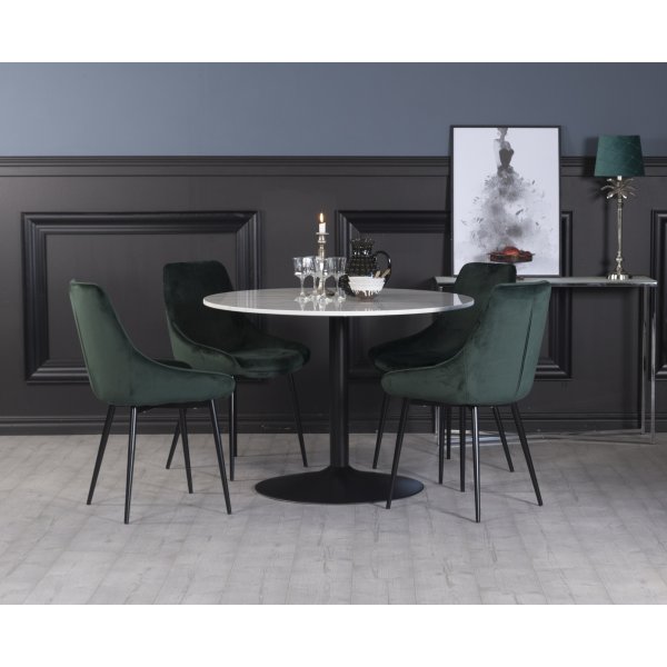 Plaza spisegruppe, marmorbord med 4 st Theo flyelstoler - Grnn/Hvit/Svart