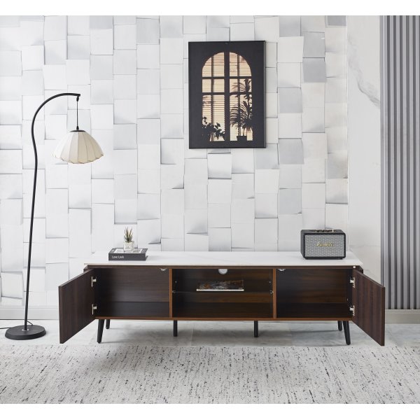 Salvador TV-stativ med oppbevaring 160 cm langt - Marmor / mrkebrun