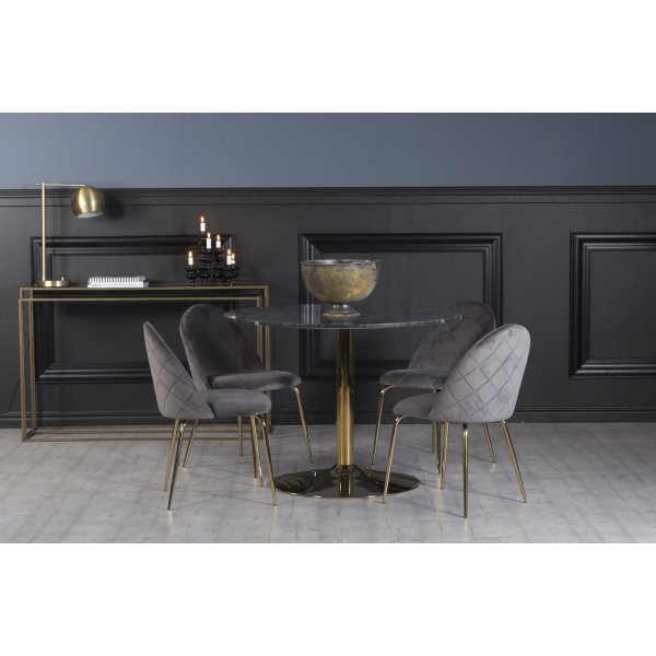 Plaza spisegruppe, marmorbord med 4 st Plaza flyelstoler - Gr/Messing + Flekkfjerner for mbler