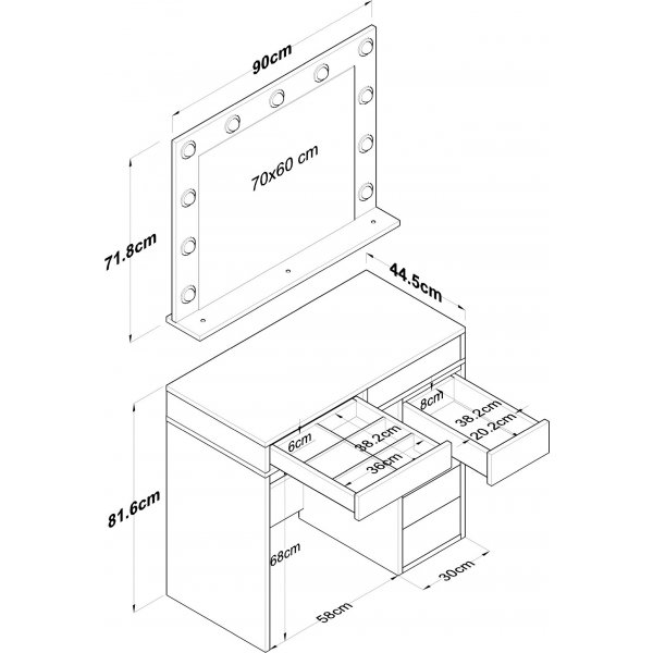 Bijou sminkebord 15 - 90 x 44,5 cm - Hvit Bijou sminkebord 15 - 90 x 44,5 cm - Hvit
