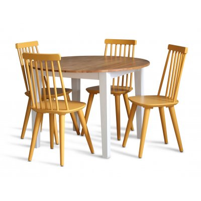 Dalsland spisegruppe: Rundt bord i Eik/Hvit med 4 gule stokkstoler