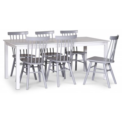 Orust spisegruppe; spisebord 180x90 cm med 6 grå Orust pinnestoler