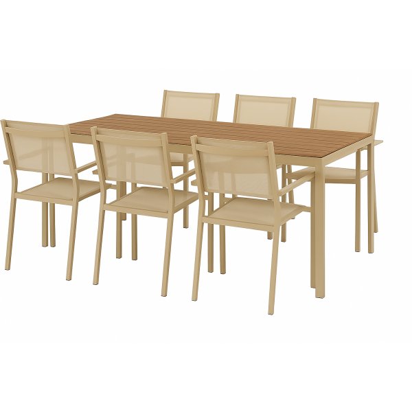 Spisegruppe; 6 stoler og spisebord 205 x 90 cm beige - Copacabana