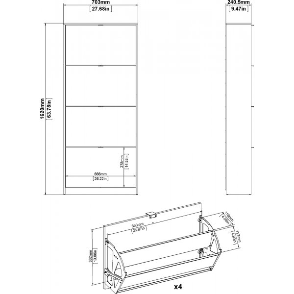 Sko dypt skoskap med 4 rom - Sort