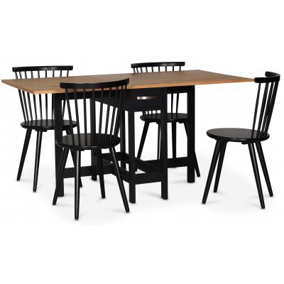 Fr spisegruppe; Fr klaffbord i svart/eik med 4 svarte Castor pinnestoler
