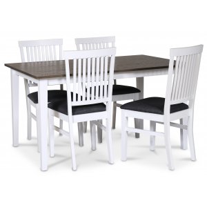 Skagen spisegruppe; klassisk spisebord 140x90 cm - Hvit / brunoljet eik med 4 Fr stoler (Ribber i ryggen) med grtt stoffsete