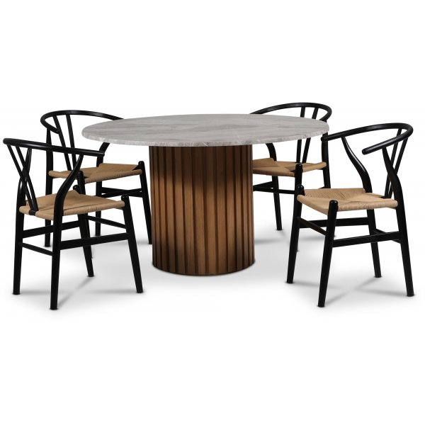 Sumo spisegruppe 130 cm inkl. 4 stk. Brandon svarte spisestoler - Oljet eik/slvmarmor