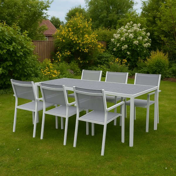 Spisegruppe med 6 stoler og spisebord 205 x 90 cm gr/hvit - Copacabana