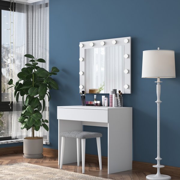 Bijou toalettbord med speil og krakk 21 - 90 x 45 cm - Hvit Bijou toalettbord med speil og krakk 21 - 90 x 45 cm - Hvit