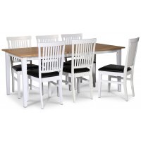 Fårö spisegruppe; spisebord 180x90 cm - Hvit / oljet eik med 6 Fårö spisestoler med ribber i ryggen, sete i svart PU Fårö spisegruppe; spisebord 180x90 cm - Hvit / oljet eik med 6 Fårö spisestoler med ribber i ryggen, sete i svart PU