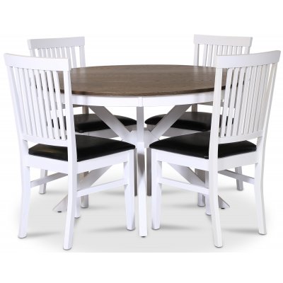 Skagen spisegruppe; rundt spisebord Ø120 cm - Hvit / brunoljet eik med 4 Fårö stoler (Ribber i ryggen) med svart PU-sete