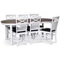 Skagen spisegruppe; spisebord 160/210x90 cm - Hvit / brunoljet eik med 6 Fårö stoler med kryss i ryggen og svart PU-sete Skagen spisegruppe; spisebord 160/210x90 cm - Hvit / brunoljet eik med 6 Fårö stoler med kryss i ryggen og svart PU-sete