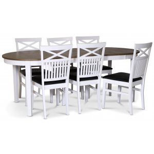 Skagen spisegruppe; spisebord 160/210x90 cm - Hvit / brunoljet eik med 6 Fr stoler med kryss i ryggen og svart PU-sete