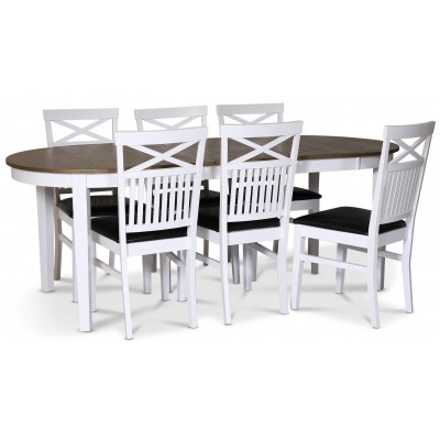 Skagen spisegruppe; spisebord 160/210x90 cm - Hvit / brunoljet eik med 6 Fårö stoler med kryss i ryggen og svart PU-sete