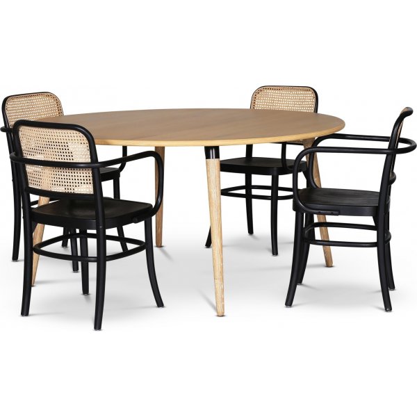 Omni spisegruppe, rundt spisebord 130 cm inkludert 4 stk. Nemis sorte karmstoler - Whitewash