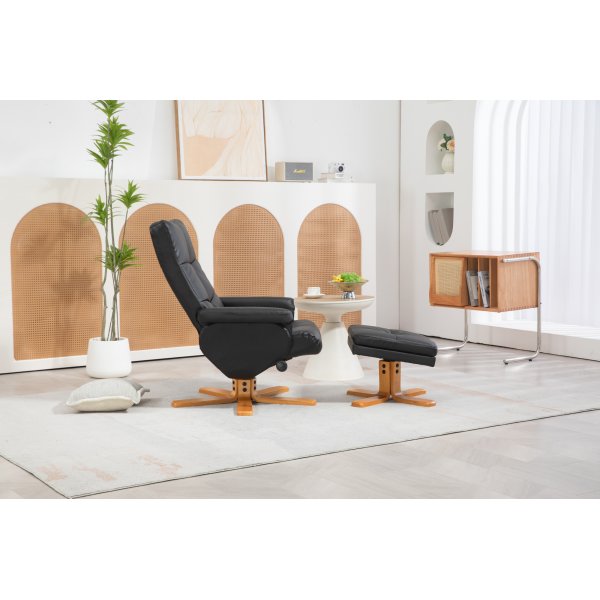 Duva hvilestol med fotskammel i sort PU med brune ben