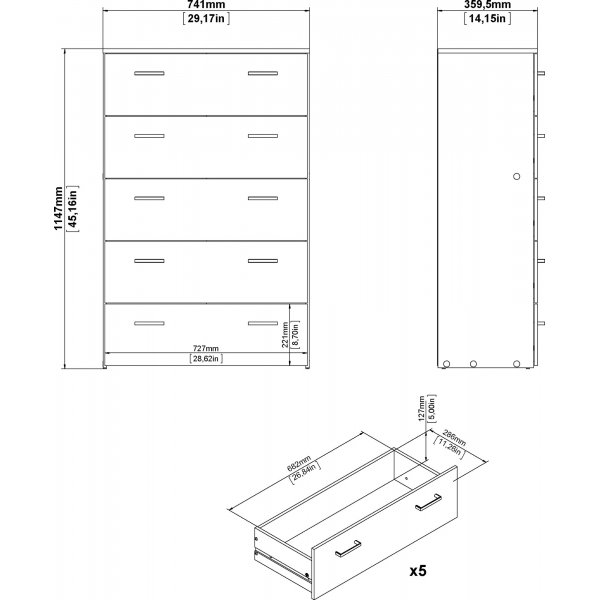 Space kommode hvit med 5 skuffer, bredde 74 cm og høyde 115 cm Space kommode hvit med 5 skuffer, bredde 74 cm og høyde 115 cm