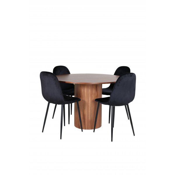 Bianca Spisesett rundt spisebord i valnøtt med 4 Polar sorte stoler Bianca Spisesett rundt spisebord i valnøtt med 4 Polar sorte stoler