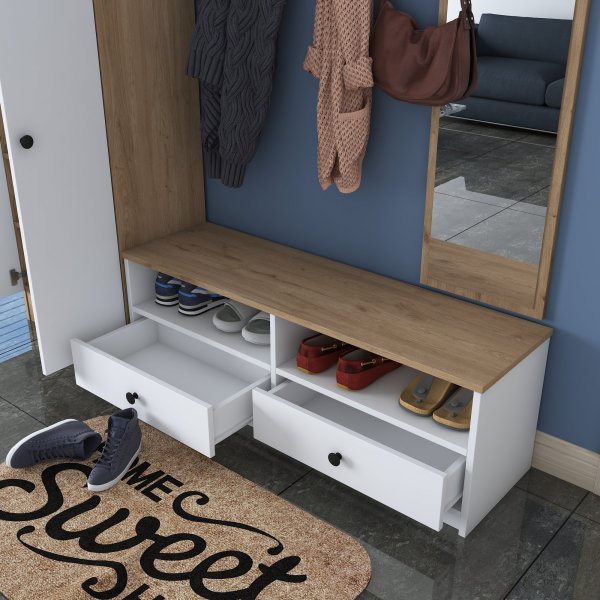 Mendy hallmøbler med speil - Hvit/valnøtt Mendy hallmøbler med speil - Hvit/valnøtt