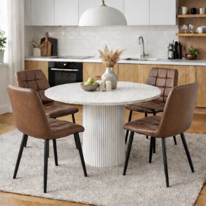 Spisegruppe Sandö spisebord Ø120 cm i hvit terrazzo med 4 Delta spisestoler i brun vintage Spisegruppe Sandö spisebord Ø120 cm i hvit terrazzo med 4 Delta spisestoler i brun vintage