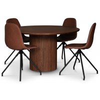 spisegruppe i Nordansjöen; rundt spisebord Ø130 cm, valnøtt + 4 stk Bridge spisestoler svingbare, Brun vintage PU spisegruppe i Nordansjöen; rundt spisebord Ø130 cm, valnøtt + 4 stk Bridge spisestoler svingbare, Brun vintage PU