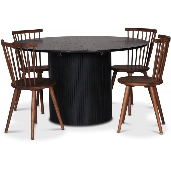 Nova spisegruppe, uttrekkbart spisebord 130-170 cm inkl. 4 stk. pinnestoler Castor - Svartbeiset eik + 3.00 x Mbelftter