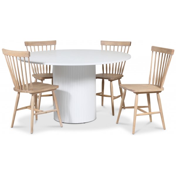 Pose spisegruppe: Bord 130 cm inkludert 4 stk pinnestoler - Hvitbeiset eik
