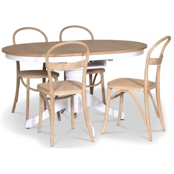 Fitchburg spisegruppe; Ovalt spisebord 106-141 cm - Hvit / Oljet eik med 4 stk Danderyd No.16 spisestoler whitewash
