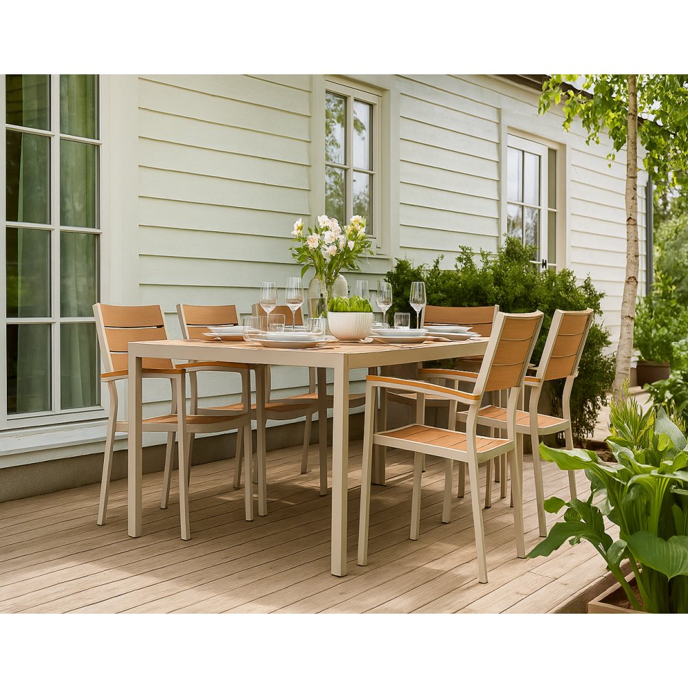 Utendørs spisegruppe: 6 stoler med bord 205 x 90 cm beige/eik - Las Vegas - Spisegrupper hage, Hagegrupper, Hagemøbler