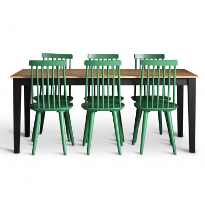 Dalsland spisegruppe: Spisebord i sort/eik med 6 grnne stoler