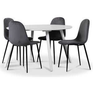 Rosvik spisegruppe, spisebord med 4 stk Carisma fløyelsstoler - Hvit/Grå