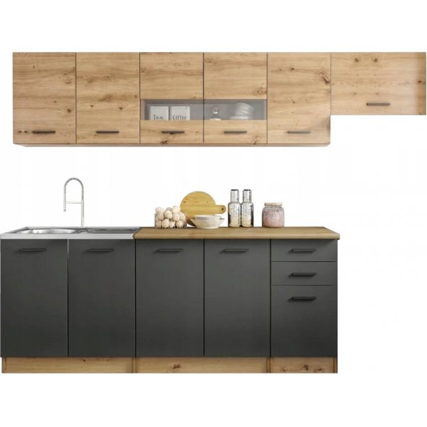 Perla komplett kjøkken 260 cm - Artisan eik/matt mørk grå/wotan eik Perla komplett kjøkken 260 cm - Artisan eik/matt mørk grå/wotan eik