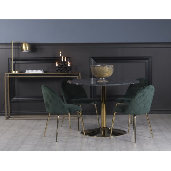 Plaza spisegruppe, marmorbord med 4 st Plaza flyelstoler - Grnn/Gr/Messing