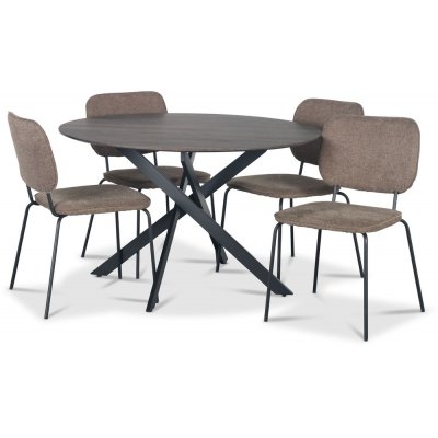 Hogrän spisegruppe Ø120 cm bord i mørkt tre + 4 stk Lokrume brune stoler