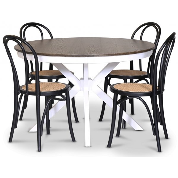 Skagen spisegruppe; rundt spisebord 120 cm - Hvit / brunbeiset eik med 4 stk Danderyd No.18 stoler Svart