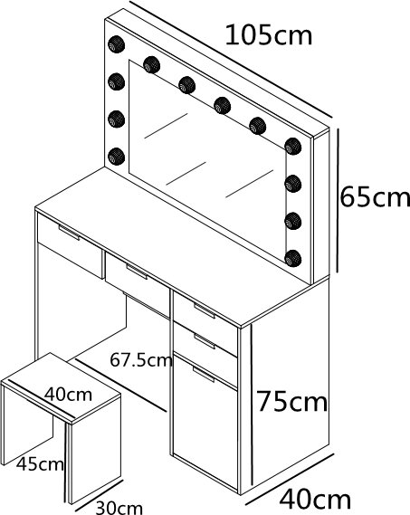 Sminkebord med stol, speil og belysning - Hvit Sminkebord med stol, speil og belysning - Hvit