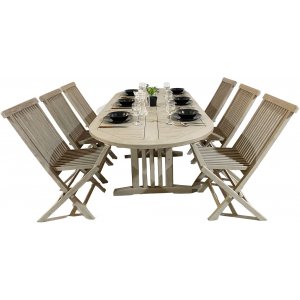 Ovalt Saltö spisebord i teak, med sommerfuglfunksjon. 150-210 cm - Grå teak + Møbelpleiesett for tekstiler Ovalt Saltö spisebord i teak, med sommerfuglfunksjon. 150-210 cm - Grå teak + Møbelpleiesett for tekstiler
