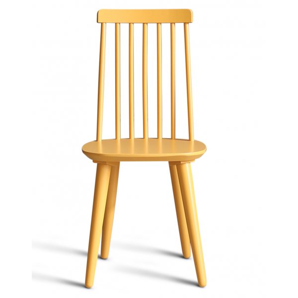 Spisegruppe: Rundt bord i eik / hvit med 4 gule kurvstoler