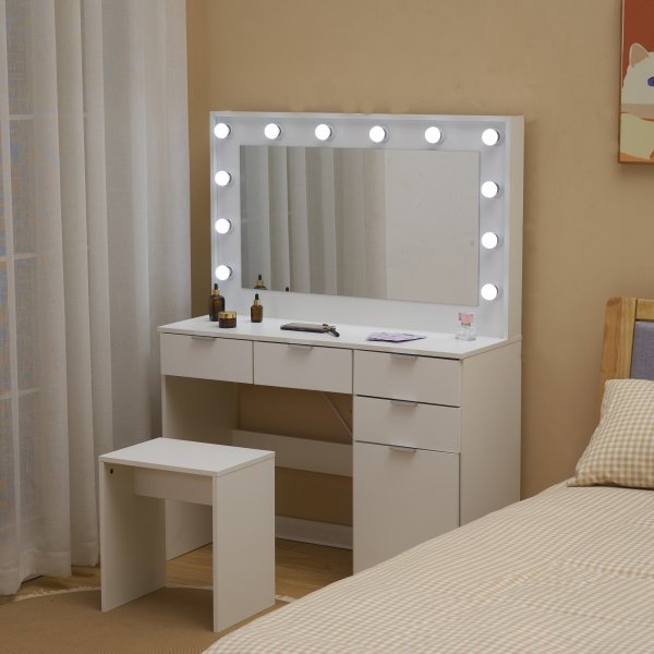 Sminkebord med stol, speil og belysning - Hvit Sminkebord med stol, speil og belysning - Hvit