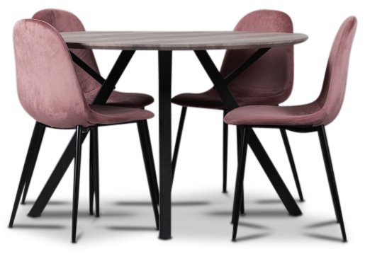 Smokey spisegruppe, rundt spisebord med 4 Carisma fløyelsstoler - Korall Smokey spisegruppe, rundt spisebord med 4 Carisma fløyelsstoler - Korall