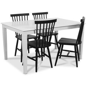 Mellby spisegruppe 140 cm bord med 4 sorte Karl stokkstoler - Hvit / Sort