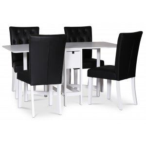 Sandhamn spisegruppe; klaffbord med 4 Crocket-stoler i svart PU