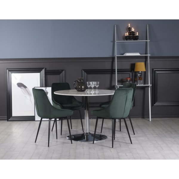 Plaza spisegruppe, marmorbord med 4 st Theo flyelstoler - Grnn/Hvit/Krom