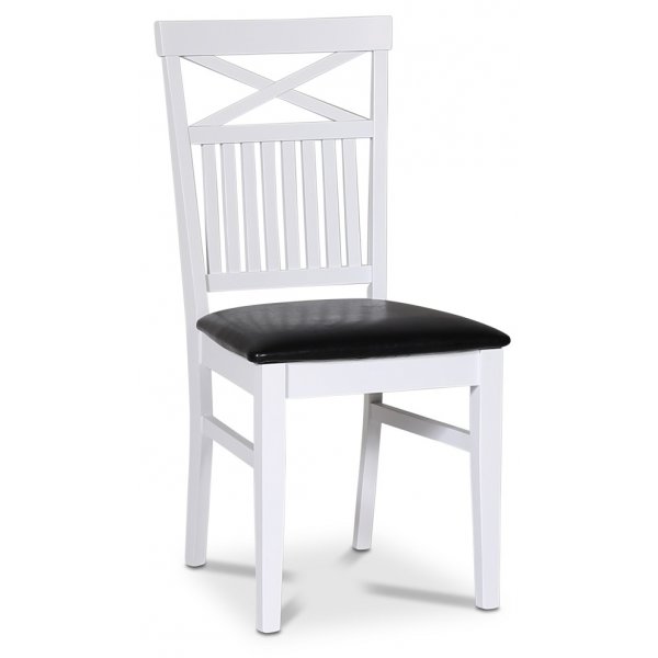 Skagen spisegruppe; spisebord 160/210x90 cm - Hvit / brunoljet eik med 4 stk Fårö stoler med kryss, PU-sete Skagen spisegruppe; spisebord 160/210x90 cm - Hvit / brunoljet eik med 4 stk Fårö stoler med kryss, PU-sete