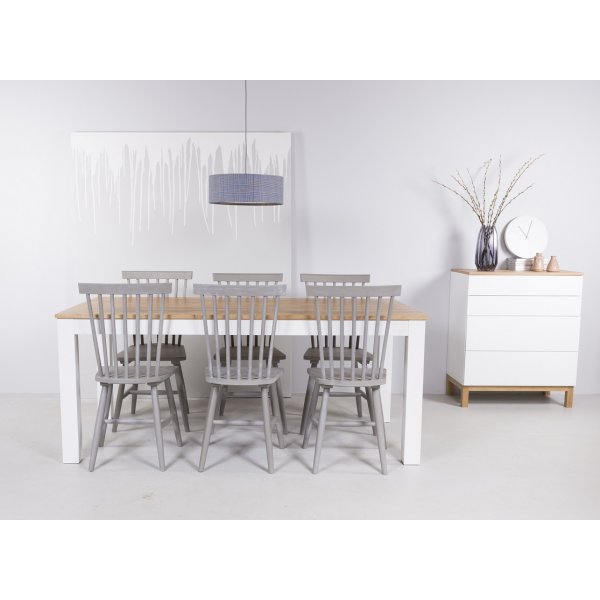 Dalarö spisegruppe med knytestoler - 180 cm bord hvit/eik med 6 stk grå knekkestoler Dalarö spisegruppe med knytestoler - 180 cm bord hvit/eik med 6 stk grå knekkestoler