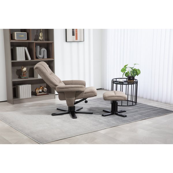 Oslo hvilestol med krakk i mørk beige stoff Oslo hvilestol med krakk i mørk beige stoff