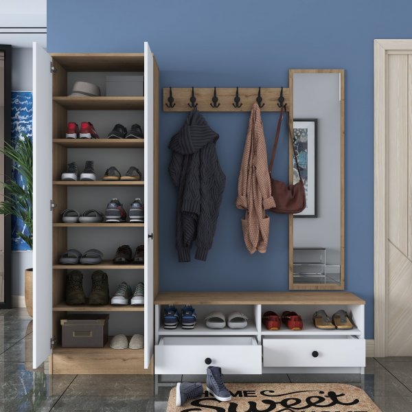 Mendy hallmøbler med speil - Hvit/valnøtt Mendy hallmøbler med speil - Hvit/valnøtt